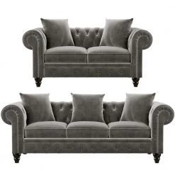 80" Roll Arm Tufted Velvet Couch, Loveseat Sofa & 3 Seat Sofa for Living Room, Chesterfield Sofa in Gray with 5 Pillows by ANBAZAR