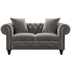 80" Roll Arm Tufted Velvet Couch, Loveseat Sofa & 3 Seat Sofa for Living Room, Chesterfield Sofa in Gray with 5 Pillows by ANBAZAR -ANBAZAR Sales gray anbazar sectional sofas wkx136 gy c3 1000