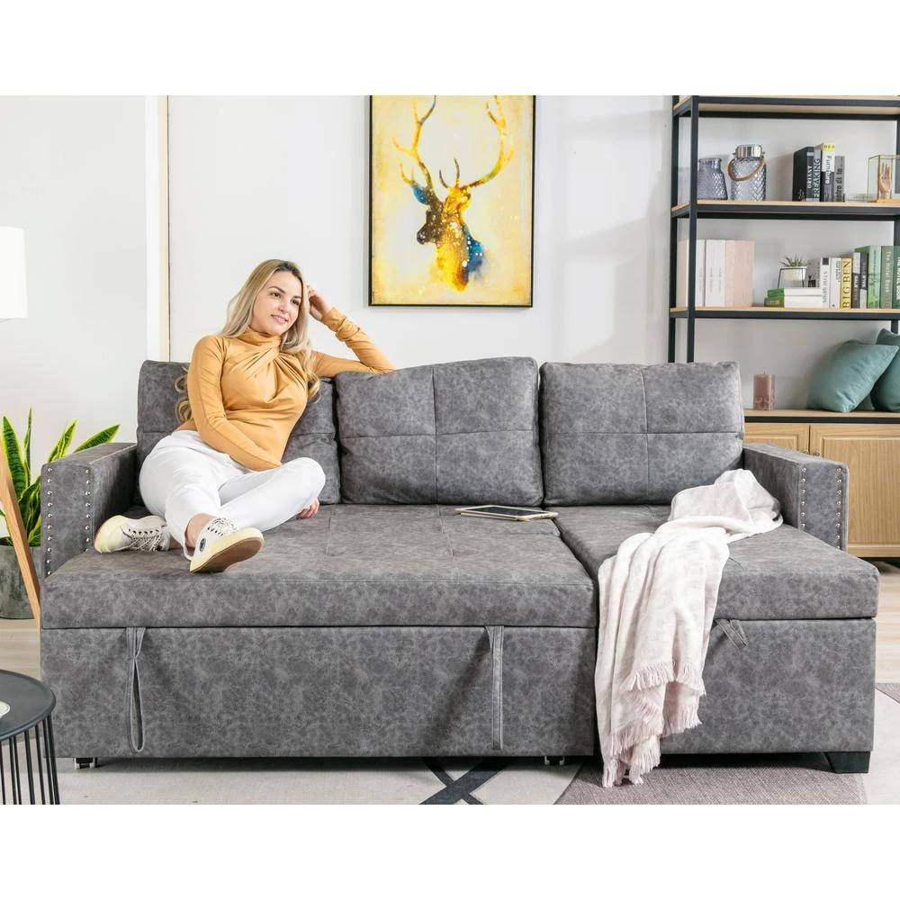 84 in. L Shape Modern Sectional Sofa Bed, Pull Out Storage Sofa Bed with Storage Chaise, 2 USB Charging Ports, Gray by ANBAZAR 10 84 in. L Shape Modern Sectional Sofa Bed, Pull Out Storage Sofa Bed with Storage Chaise, 2 USB Charging Ports, Gray by ANBAZAR - Image 10