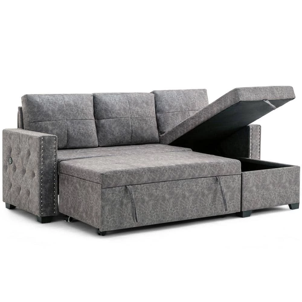 84 in. L Shape Modern Sectional Sofa Bed, Pull Out Storage Sofa Bed with Storage Chaise, 2 USB Charging Ports, Gray by ANBAZAR 1 84 in. L Shape Modern Sectional Sofa Bed, Pull Out Storage Sofa Bed with Storage Chaise, 2 USB Charging Ports, Gray by ANBAZAR