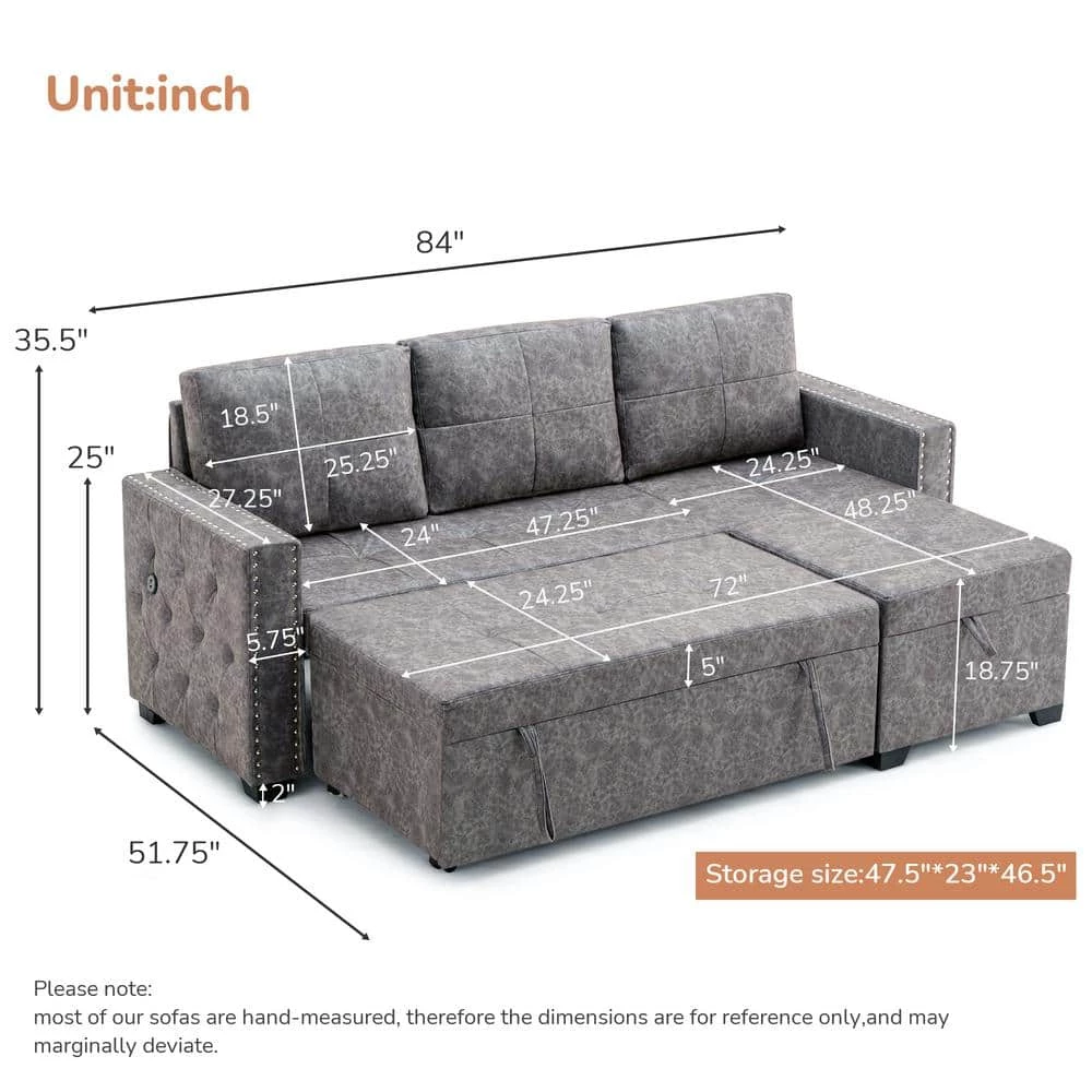 84 in. L Shape Modern Sectional Sofa Bed, Pull Out Storage Sofa Bed with Storage Chaise, 2 USB Charging Ports, Gray by ANBAZAR 9 84 in. L Shape Modern Sectional Sofa Bed, Pull Out Storage Sofa Bed with Storage Chaise, 2 USB Charging Ports, Gray by ANBAZAR - Image 9