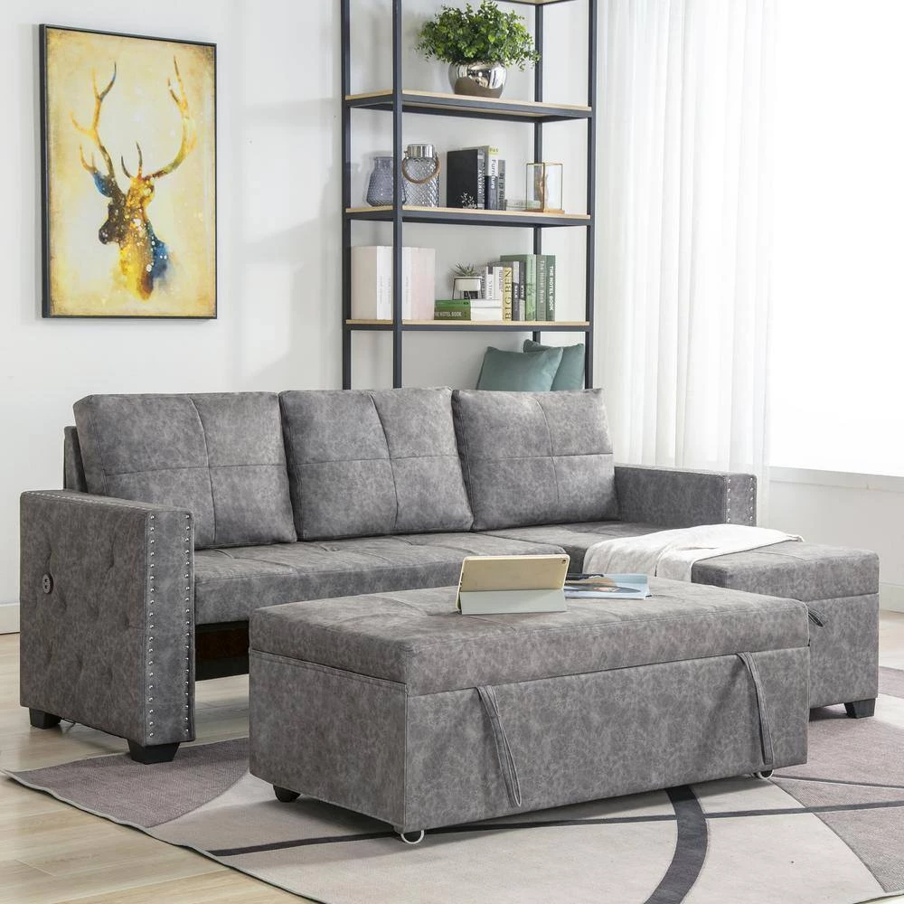 84 in. L Shape Modern Sectional Sofa Bed, Pull Out Storage Sofa Bed with Storage Chaise, 2 USB Charging Ports, Gray by ANBAZAR 2 84 in. L Shape Modern Sectional Sofa Bed, Pull Out Storage Sofa Bed with Storage Chaise, 2 USB Charging Ports, Gray by ANBAZAR - Image 2