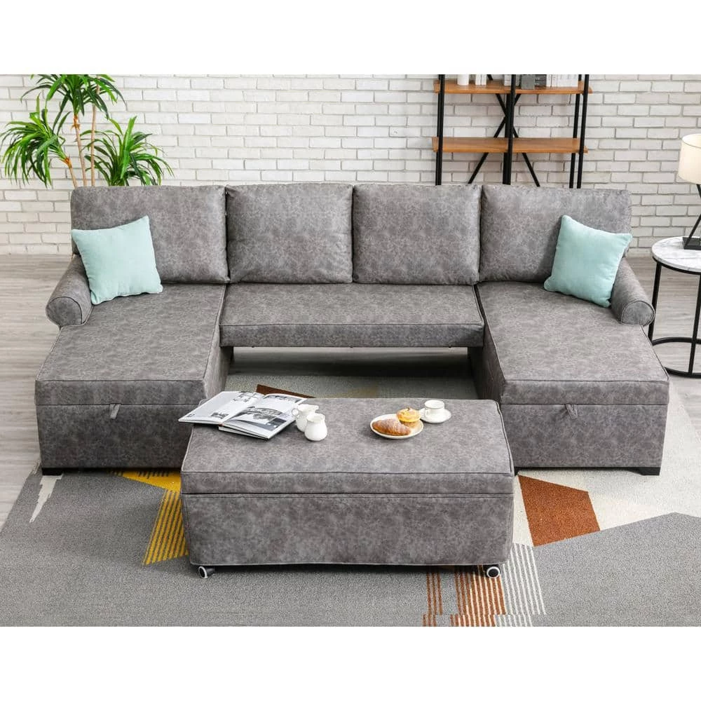 108.75" Pull-Out 6-Seater Sofa Bed, Round Arm polyfiber U Shaped Storage Sofa with 2 USB Charging Ports in Gray by ANBAZAR 10 108.75" Pull-Out 6-Seater Sofa Bed, Round Arm polyfiber U Shaped Storage Sofa with 2 USB Charging Ports in Gray by ANBAZAR - Image 10