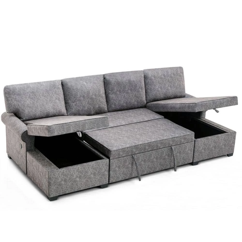 108.75" Pull-Out 6-Seater Sofa Bed, Round Arm polyfiber U Shaped Storage Sofa with 2 USB Charging Ports in Gray by ANBAZAR 1 108.75" Pull-Out 6-Seater Sofa Bed, Round Arm polyfiber U Shaped Storage Sofa with 2 USB Charging Ports in Gray by ANBAZAR