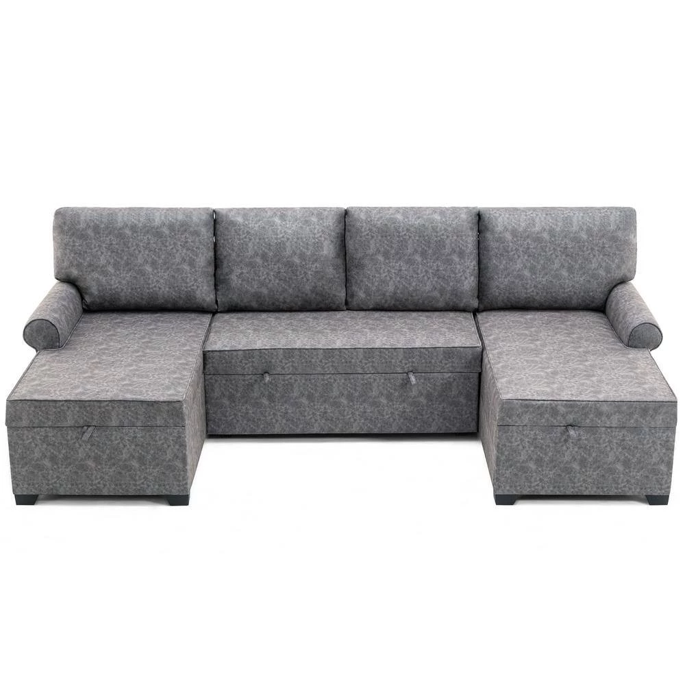 108.75" Pull-Out 6-Seater Sofa Bed, Round Arm polyfiber U Shaped Storage Sofa with 2 USB Charging Ports in Gray by ANBAZAR 3 108.75" Pull-Out 6-Seater Sofa Bed, Round Arm polyfiber U Shaped Storage Sofa with 2 USB Charging Ports in Gray by ANBAZAR - Image 3