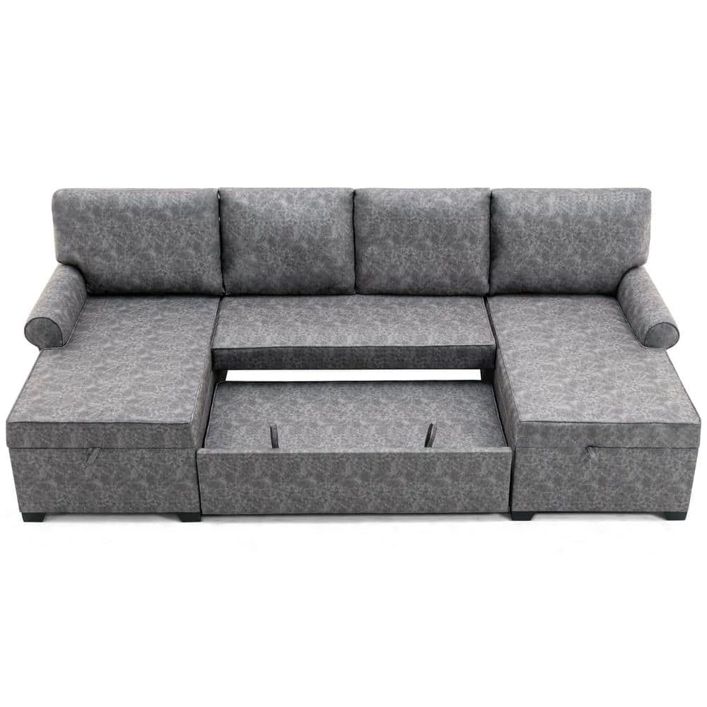 108.75" Pull-Out 6-Seater Sofa Bed, Round Arm polyfiber U Shaped Storage Sofa with 2 USB Charging Ports in Gray by ANBAZAR 9 108.75" Pull-Out 6-Seater Sofa Bed, Round Arm polyfiber U Shaped Storage Sofa with 2 USB Charging Ports in Gray by ANBAZAR - Image 9