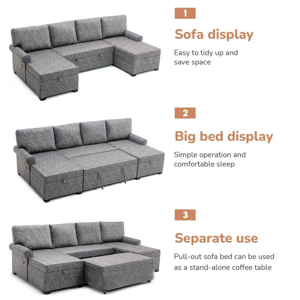 108.75" Pull-Out 6-Seater Sofa Bed, Round Arm polyfiber U Shaped Storage Sofa with 2 USB Charging Ports in Gray by ANBAZAR 4 108.75" Pull-Out 6-Seater Sofa Bed, Round Arm polyfiber U Shaped Storage Sofa with 2 USB Charging Ports in Gray by ANBAZAR - Image 4