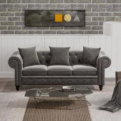 80" Rolled Arm Tufted Velvet Couch, Straight 3 Seat Sofa for Living Room, Chesterfield Sofa in Gray with 3 Pillows by ANBAZAR -ANBAZAR Sales gray anbazar sofas couches wkx138 gy 31 1000