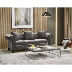 80" Rolled Arm Tufted Velvet Couch, Straight 3 Seat Sofa for Living Room, Chesterfield Sofa in Gray with 3 Pillows by ANBAZAR -ANBAZAR Sales gray anbazar sofas couches wkx138 gy 40 1000