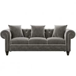 80" Rolled Arm Tufted Velvet Couch, Straight 3 Seat Sofa for Living Room, Chesterfield Sofa in Gray with 3 Pillows by ANBAZAR
