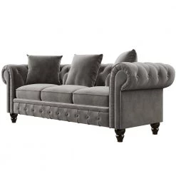 80" Rolled Arm Tufted Velvet Couch, Straight 3 Seat Sofa for Living Room, Chesterfield Sofa in Gray with 3 Pillows by ANBAZAR -ANBAZAR Sales gray anbazar sofas couches wkx138 gy c3 1000
