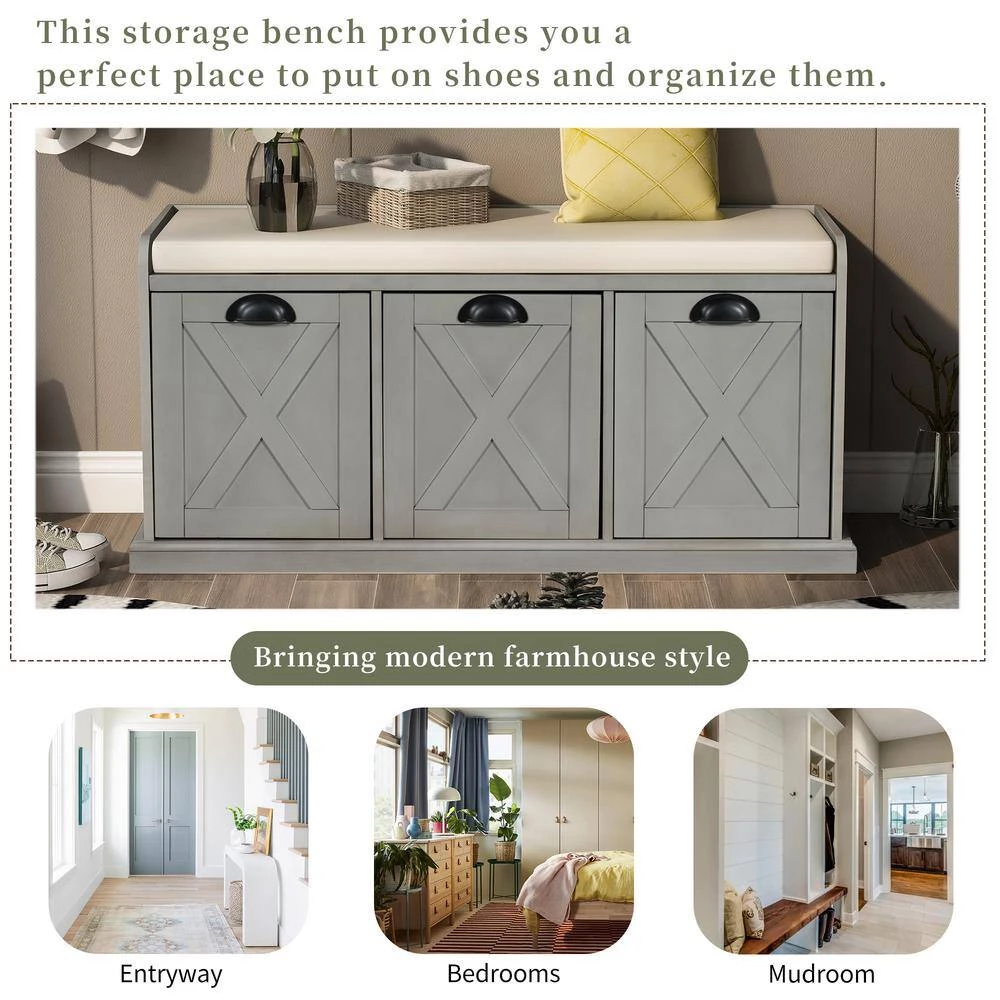 Gray Wash Rustic Wood Storage Bench 3 Drawer Entryway Shoe Bench with Removable Cushion 43 in. D x 15.7 in. W x 20 in. H by ANBAZAR 9 Gray Wash Rustic Wood Storage Bench 3 Drawer Entryway Shoe Bench with Removable Cushion 43 in. D x 15.7 in. W x 20 in. H by ANBAZAR - Image 9