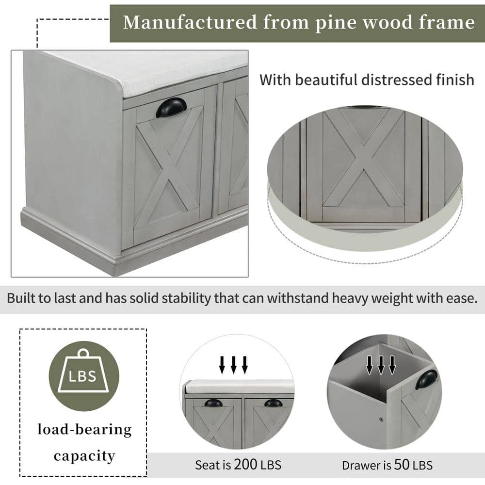 Gray Wash Rustic Wood Storage Bench 3 Drawer Entryway Shoe Bench with Removable Cushion 43 in. D x 15.7 in. W x 20 in. H by ANBAZAR 6 Gray Wash Rustic Wood Storage Bench 3 Drawer Entryway Shoe Bench with Removable Cushion 43 in. D x 15.7 in. W x 20 in. H by ANBAZAR - Image 6