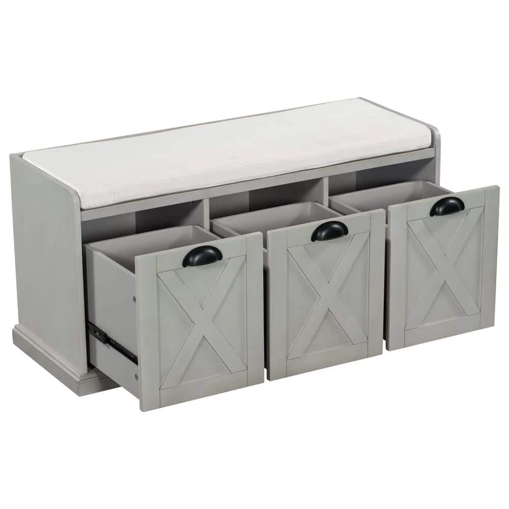 Gray Wash Rustic Wood Storage Bench 3 Drawer Entryway Shoe Bench with Removable Cushion 43 in. D x 15.7 in. W x 20 in. H by ANBAZAR 4 Gray Wash Rustic Wood Storage Bench 3 Drawer Entryway Shoe Bench with Removable Cushion 43 in. D x 15.7 in. W x 20 in. H by ANBAZAR - Image 4