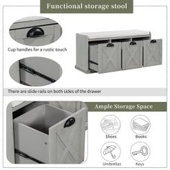 Gray Wash Rustic Wood Storage Bench 3 Drawer Entryway Shoe Bench with Removable Cushion 43 in. D x 15.7 in. W x 20 in. H by ANBAZAR 16 Gray Wash Rustic Wood Storage Bench 3 Drawer Entryway Shoe Bench with Removable Cushion 43 in. D x 15.7 in. W x 20 in. H by ANBAZAR -ANBAZAR Sales gray wash anbazar dining benches 01677anna e 76 1000