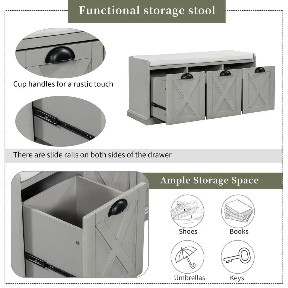 Gray Wash Rustic Wood Storage Bench 3 Drawer Entryway Shoe Bench with Removable Cushion 43 in. D x 15.7 in. W x 20 in. H by ANBAZAR 8 Gray Wash Rustic Wood Storage Bench 3 Drawer Entryway Shoe Bench with Removable Cushion 43 in. D x 15.7 in. W x 20 in. H by ANBAZAR - Image 8