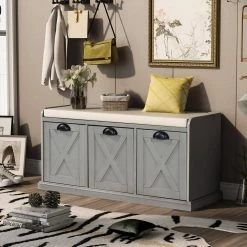 Gray Wash Rustic Wood Storage Bench 3 Drawer Entryway Shoe Bench with Removable Cushion 43 in. D x 15.7 in. W x 20 in. H by ANBAZAR 11 Gray Wash Rustic Wood Storage Bench 3 Drawer Entryway Shoe Bench with Removable Cushion 43 in. D x 15.7 in. W x 20 in. H by ANBAZAR -ANBAZAR Sales gray wash anbazar dining benches 01677anna e c3 1000
