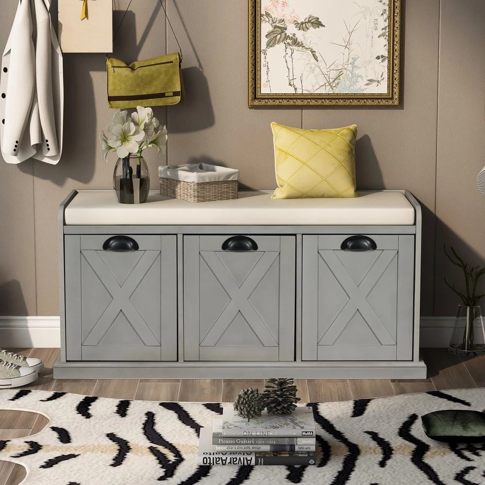 Gray Wash Rustic Wood Storage Bench 3 Drawer Entryway Shoe Bench with Removable Cushion 43 in. D x 15.7 in. W x 20 in. H by ANBAZAR 2 Gray Wash Rustic Wood Storage Bench 3 Drawer Entryway Shoe Bench with Removable Cushion 43 in. D x 15.7 in. W x 20 in. H by ANBAZAR - Image 2