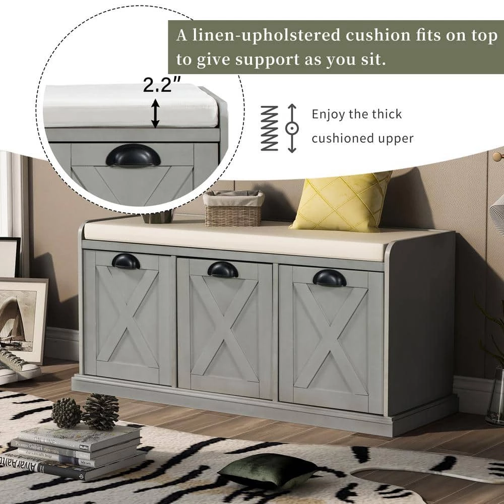 Gray Wash Rustic Wood Storage Bench 3 Drawer Entryway Shoe Bench with Removable Cushion 43 in. D x 15.7 in. W x 20 in. H by ANBAZAR 7 Gray Wash Rustic Wood Storage Bench 3 Drawer Entryway Shoe Bench with Removable Cushion 43 in. D x 15.7 in. W x 20 in. H by ANBAZAR - Image 7