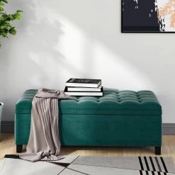 Green Polyester Upholstered Flip Storage Bench Ottoman Footrest 16.1 in. H x 46.5 in. W x 20.1 in. D Button Tufted Top by ANBAZAR -ANBAZAR Sales green anbazar bedroom benches 02403anna c 31 1000