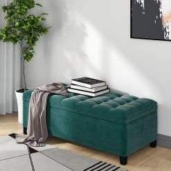 Green Polyester Upholstered Flip Storage Bench Ottoman Footrest 16.1 in. H x 46.5 in. W x 20.1 in. D Button Tufted Top by ANBAZAR