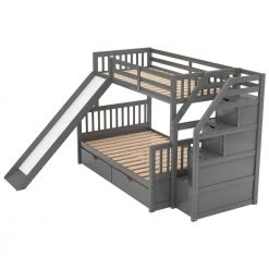 Twin Over Full Bunk Beds, Storage Low Bunk Beds with Slide and Staircase, No Box Spring Needed, Grey by ANBAZAR -ANBAZAR Sales grey anbazar bunk beds kz 014 1f 1000