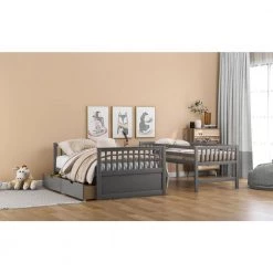 Twin Over Full Bunk Beds, Storage Low Bunk Beds with Slide and Staircase, No Box Spring Needed, Grey by ANBAZAR -ANBAZAR Sales grey anbazar bunk beds kz 014 31 1000