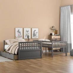 Twin Over Full Bunk Beds, Storage Low Bunk Beds with Slide and Staircase, No Box Spring Needed, Grey by ANBAZAR -ANBAZAR Sales grey anbazar bunk beds kz 014 40 1000