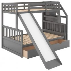 Twin Over Full Bunk Beds, Storage Low Bunk Beds with Slide and Staircase, No Box Spring Needed, Grey by ANBAZAR -ANBAZAR Sales grey anbazar bunk beds kz 014 44 1000