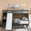 Twin Over Full Bunk Beds, Storage Low Bunk Beds with Slide and Staircase, No Box Spring Needed, Grey by ANBAZAR