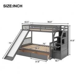 Twin Over Full Bunk Beds, Storage Low Bunk Beds with Slide and Staircase, No Box Spring Needed, Grey by ANBAZAR -ANBAZAR Sales grey anbazar bunk beds kz 014 77 1000