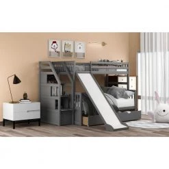 Twin Over Full Bunk Beds, Storage Low Bunk Beds with Slide and Staircase, No Box Spring Needed, Grey by ANBAZAR -ANBAZAR Sales grey anbazar bunk beds kz 014 a0 1000
