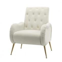 Velvet Accent Chair,Tufted Button Armchair, Reading Chair in Bedroom and Living Room,Leisure Chair with Metal Legs,Ivory by ANBAZAR