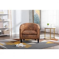 Modern Light Brown Microfiber Upholstery Accent Chair Barrel Chair Club Chair with Wood Legs and Nailheads (Set of 1) by ANBAZAR -ANBAZAR Sales light brown anbazar accent chairs 02488anna lb 31 1000