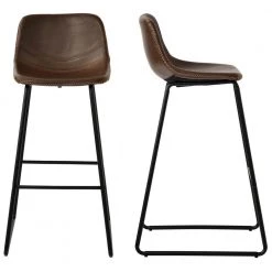 Light Brown Height Bar Stools Low Back Footrest Leather Cushioned Bar Stools Dining Chairs (Set of 2) with Metal Frame by ANBAZAR -ANBAZAR Sales light brown anbazar dining chairs 01620anna d 4f 1000