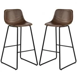 Light Brown Height Bar Stools Low Back Footrest Leather Cushioned Bar Stools Dining Chairs (Set of 2) with Metal Frame by ANBAZAR