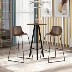 Light Brown Height Bar Stools Low Back Footrest Leather Cushioned Bar Stools Dining Chairs (Set of 2) with Metal Frame by ANBAZAR -ANBAZAR Sales light brown anbazar dining chairs 01620anna d c3 1000