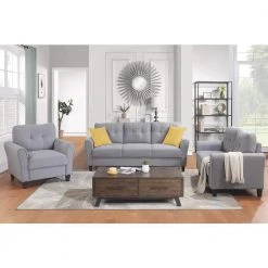 79.9" Modern Sectional Sofa Set, Button Tufted Linen Upholstered Straight Couch in Gray w/Armchair Loveseat 3-Seat Sofa by ANBAZAR -ANBAZAR Sales light gray anbazar sectional sofas wkx118 31 1000