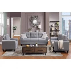79.9" Modern Sectional Sofa Set, Button Tufted Linen Upholstered Straight Couch in Gray w/Armchair Loveseat 3-Seat Sofa by ANBAZAR -ANBAZAR Sales light gray anbazar sectional sofas wkx118 40 1000