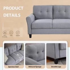 79.9" Modern Sectional Sofa Set, Button Tufted Linen Upholstered Straight Couch in Gray w/Armchair Loveseat 3-Seat Sofa by ANBAZAR -ANBAZAR Sales light gray anbazar sectional sofas wkx118 44 1000