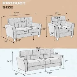 79.9" Modern Sectional Sofa Set, Button Tufted Linen Upholstered Straight Couch in Gray w/Armchair Loveseat 3-Seat Sofa by ANBAZAR -ANBAZAR Sales light gray anbazar sectional sofas wkx118 76 1000