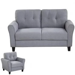57.5" Modern Sectional Sofa Set, Button Tufted Linen Upholstered Straight Couch in Gray with Armchair Loveseat by ANBAZAR