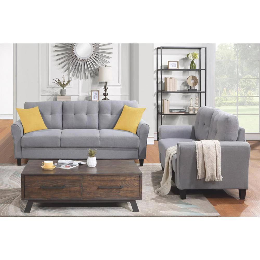 79.9" Modern Sectional Sofa Set, Button Tufted Linen Upholstered Straight Couch in Gray with Loveseat 3-Seat Sofa by ANBAZAR 10 79.9" Modern Sectional Sofa Set, Button Tufted Linen Upholstered Straight Couch in Gray with Loveseat 3-Seat Sofa by ANBAZAR - Image 10