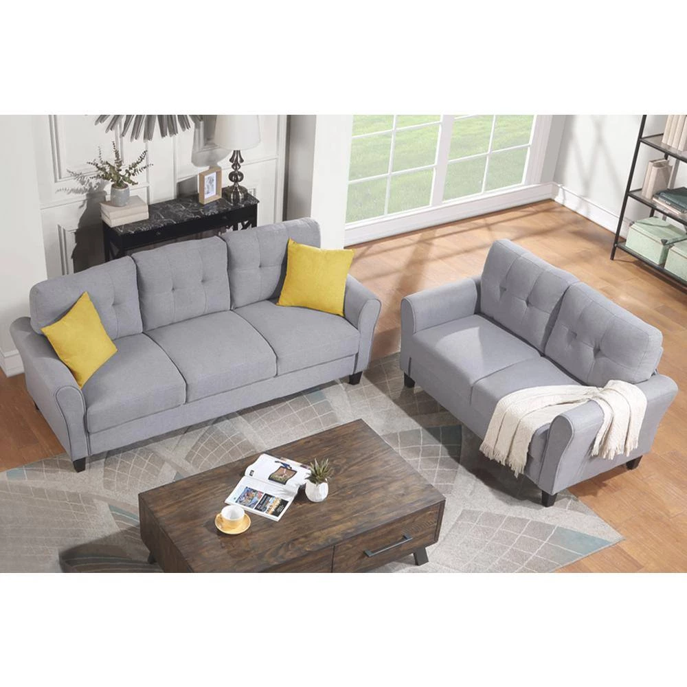79.9" Modern Sectional Sofa Set, Button Tufted Linen Upholstered Straight Couch in Gray with Loveseat 3-Seat Sofa by ANBAZAR 3 79.9" Modern Sectional Sofa Set, Button Tufted Linen Upholstered Straight Couch in Gray with Loveseat 3-Seat Sofa by ANBAZAR - Image 3