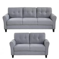 79.9" Modern Sectional Sofa Set, Button Tufted Linen Upholstered Straight Couch in Gray with Loveseat 3-Seat Sofa by ANBAZAR