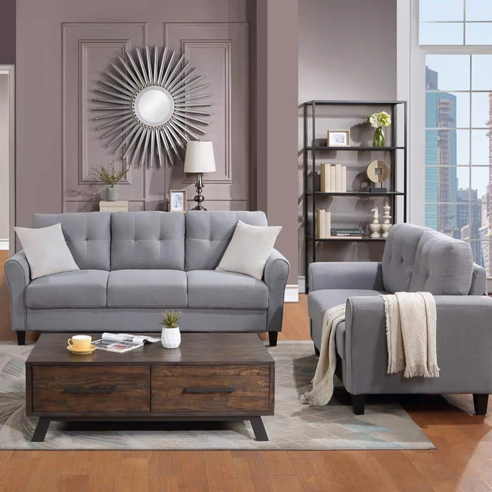 79.9" Modern Sectional Sofa Set, Button Tufted Linen Upholstered Straight Couch in Gray with Loveseat 3-Seat Sofa by ANBAZAR 2 79.9" Modern Sectional Sofa Set, Button Tufted Linen Upholstered Straight Couch in Gray with Loveseat 3-Seat Sofa by ANBAZAR - Image 2