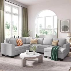 Upholstered Modern British Arm Classic U-shaped 10*86" Sofa includes a 3-Pillow Sectional Sofa Light Gray by ANBAZAR