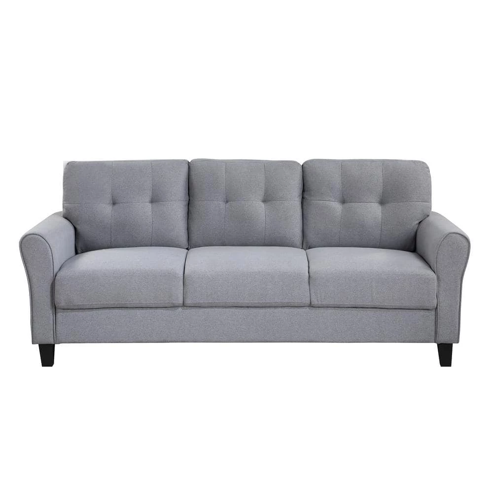 Modern 3-Seat Sofa Couch, Slope Arm Button Tufted Linen Upholstered Straight Couch in Gray, Furniture for Home, Office by ANBAZAR 1 Modern 3-Seat Sofa Couch, Slope Arm Button Tufted Linen Upholstered Straight Couch in Gray, Furniture for Home, Office by ANBAZAR