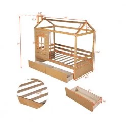 Twin Size Natural Wood House Canopy Bed with Drawers and Roof, Kids House Daybed Frame with Fence by ANBAZAR 13 Twin Size Natural Wood House Canopy Bed with Drawers and Roof, Kids House Daybed Frame with Fence by ANBAZAR -ANBAZAR Sales light wood anbazar kids beds 00486anna 1f 1000
