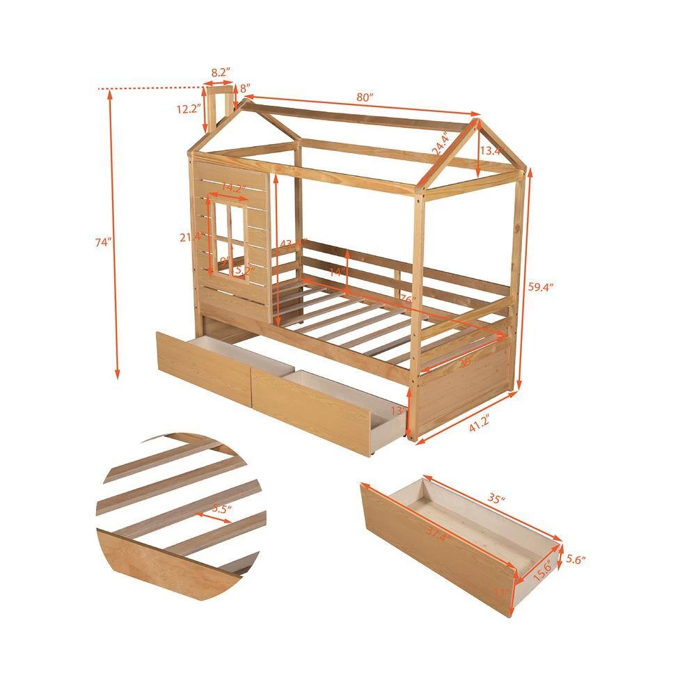 Twin Size Natural Wood House Canopy Bed with Drawers and Roof, Kids House Daybed Frame with Fence by ANBAZAR 5 Twin Size Natural Wood House Canopy Bed with Drawers and Roof, Kids House Daybed Frame with Fence by ANBAZAR - Image 5